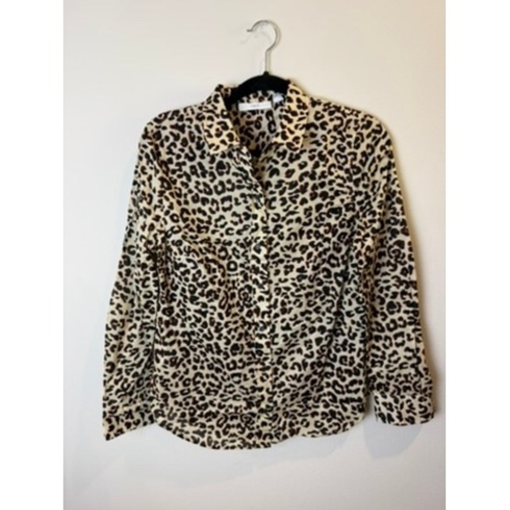 1901 Womens Leopard‎ Print Button Down Shirt Tan Brown Cotton Long Sleeve Small